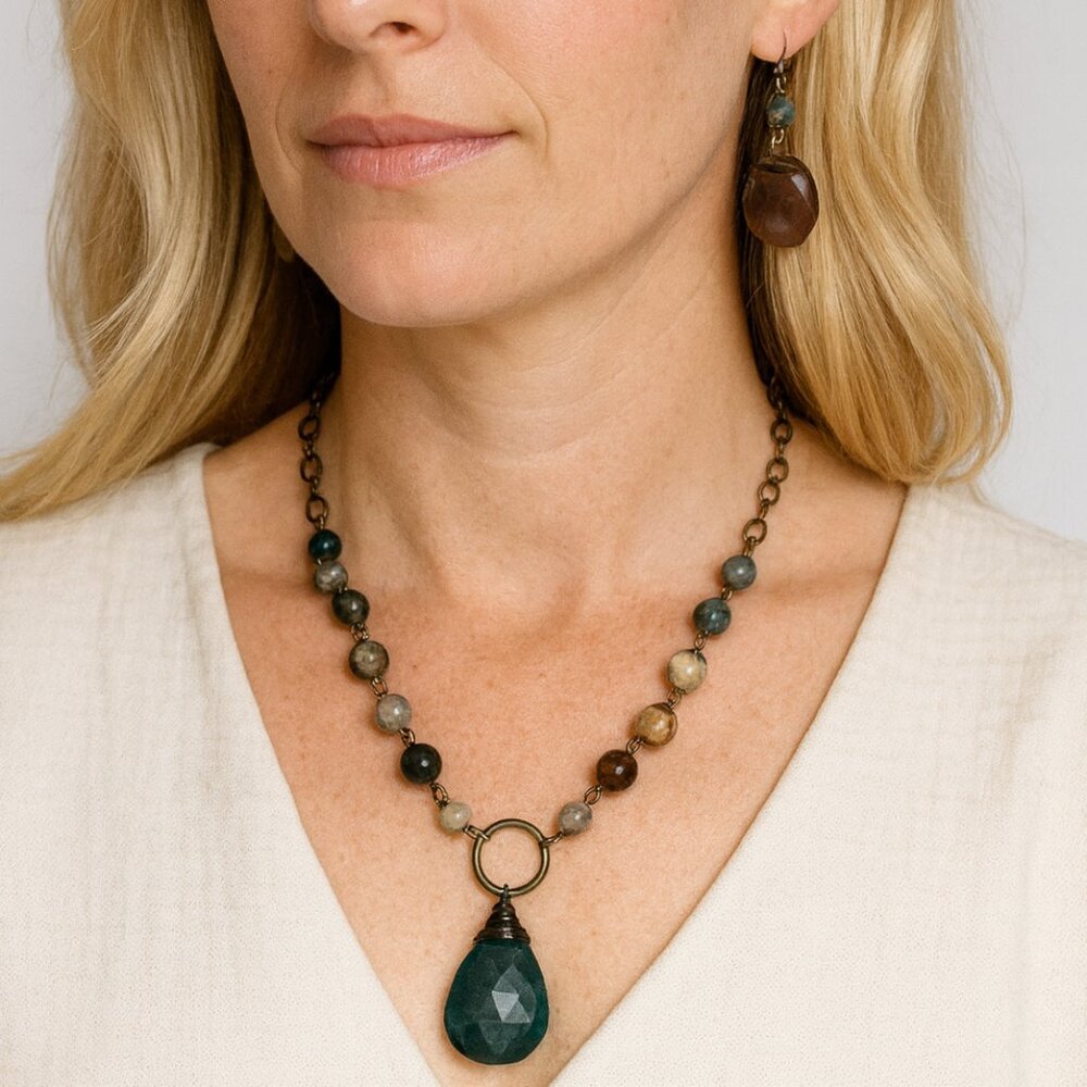 ANJU AGATE & BLOODSTONE Set 2 pcs Beads Chain Pendant Necklace Earrings 30''